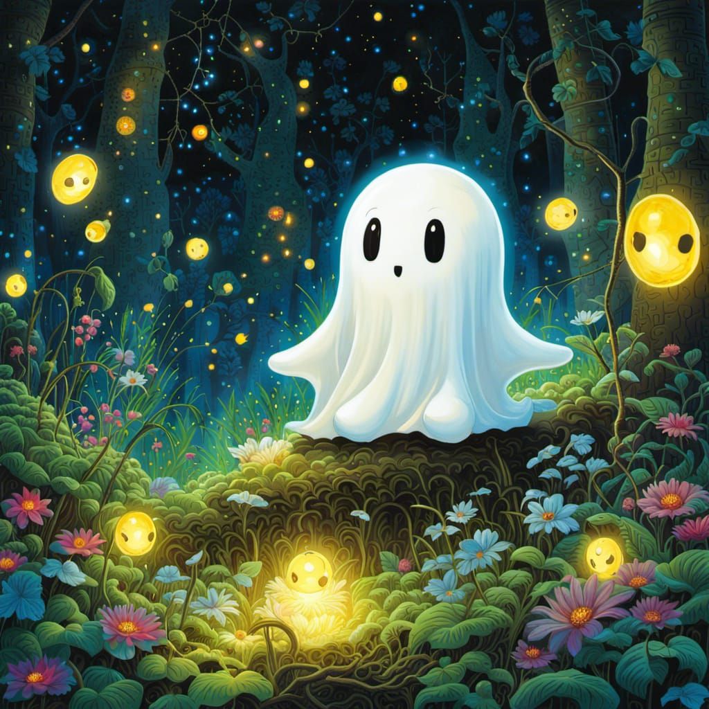 cute glowing tiny white happy ghost surrounded by fireflies in spooky ...