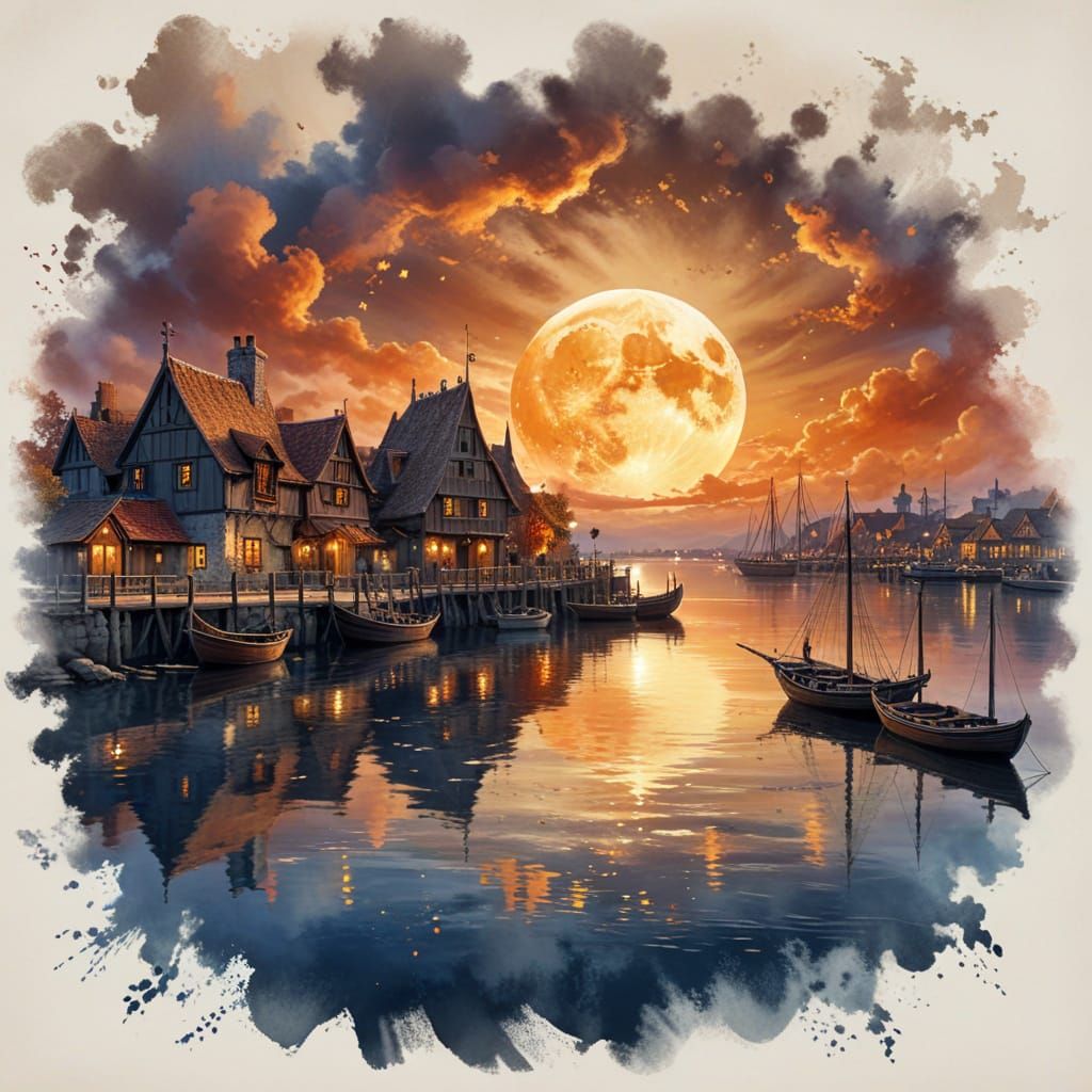 Fantasy Seaport Village Under a Giant Luminous Moon