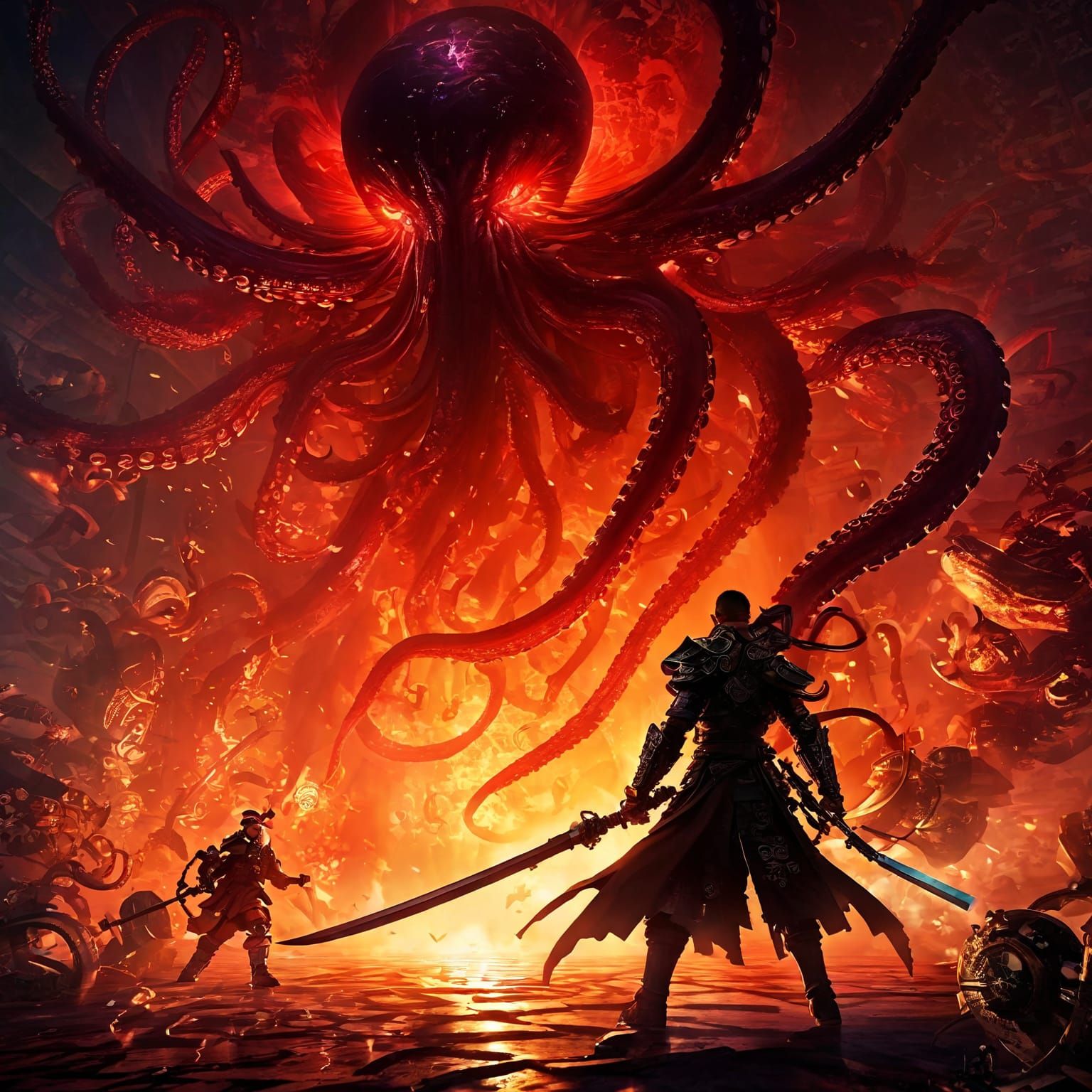 Shadow warrior in mid-battle, with a tentacle demon (Uploaded)