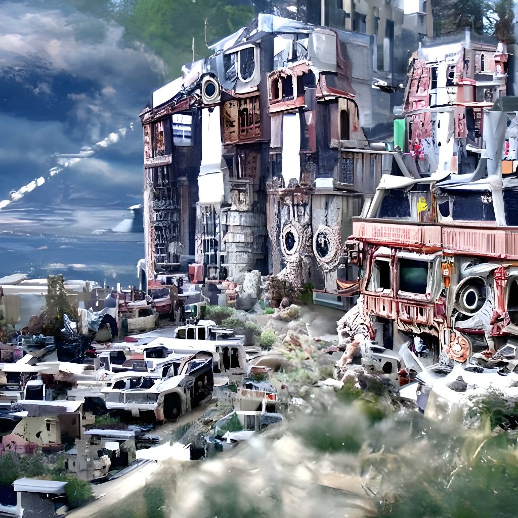 A post-apocalyptic metropolis made out of scrap vehicles