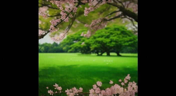 🌸 Symbiotic Ecosystem: Japanese Cherry Trees and Lush Green...