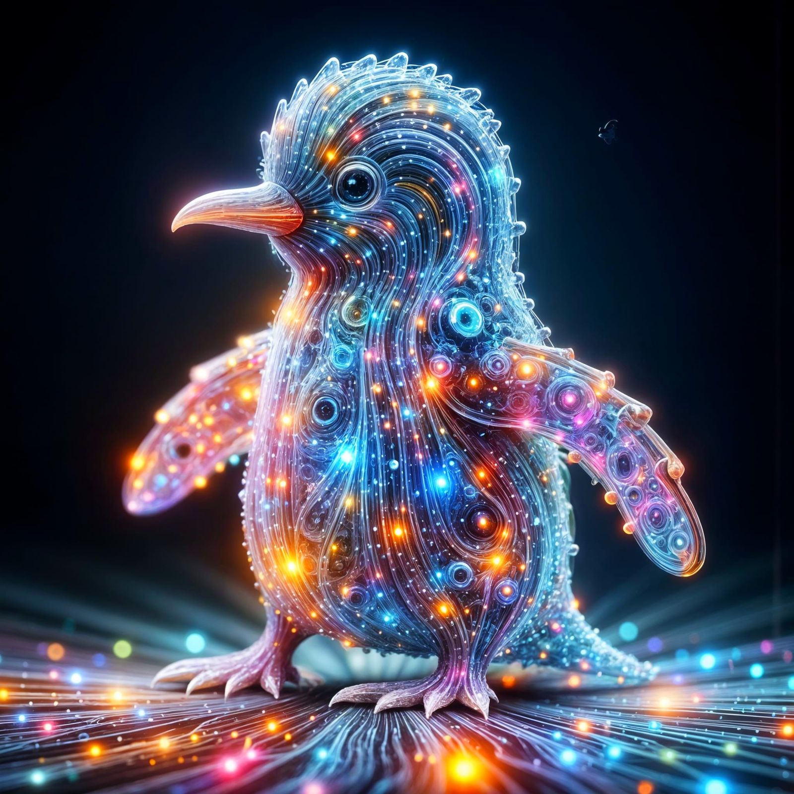 Cute Holographic Crystalline Penguin in Cyberpunk Style