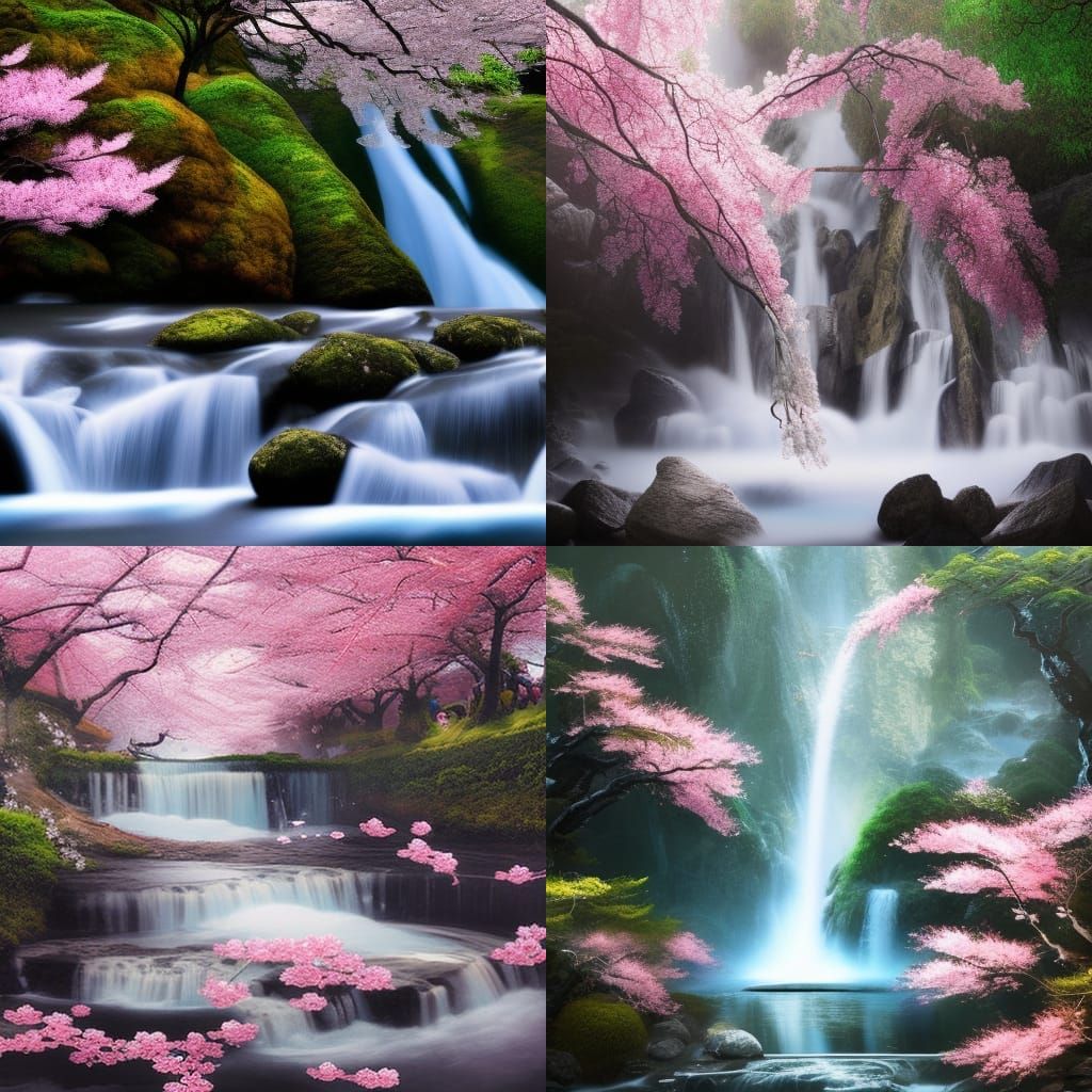 water flowing sakura waterfall, japanese watercolour, Epic c...