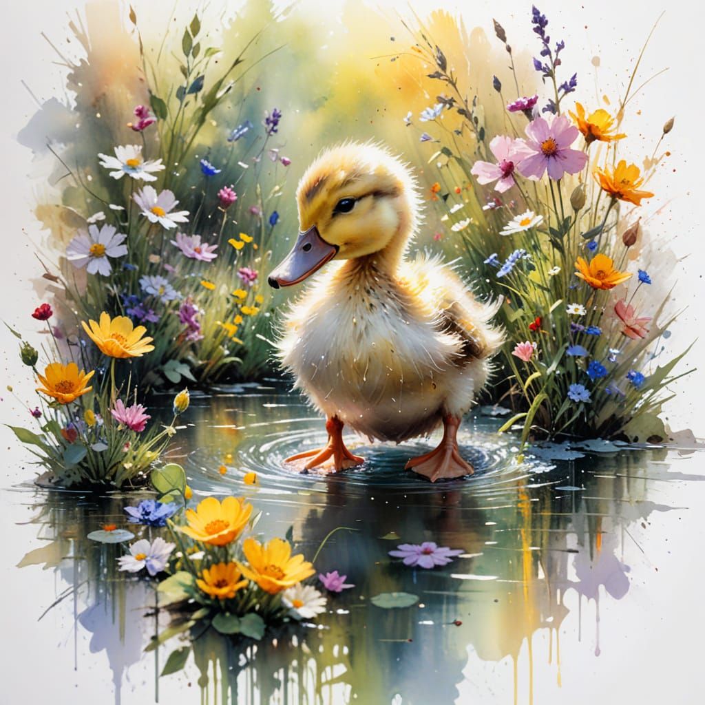 Playful duckling in a Sunlit River Garden  by @Kosh