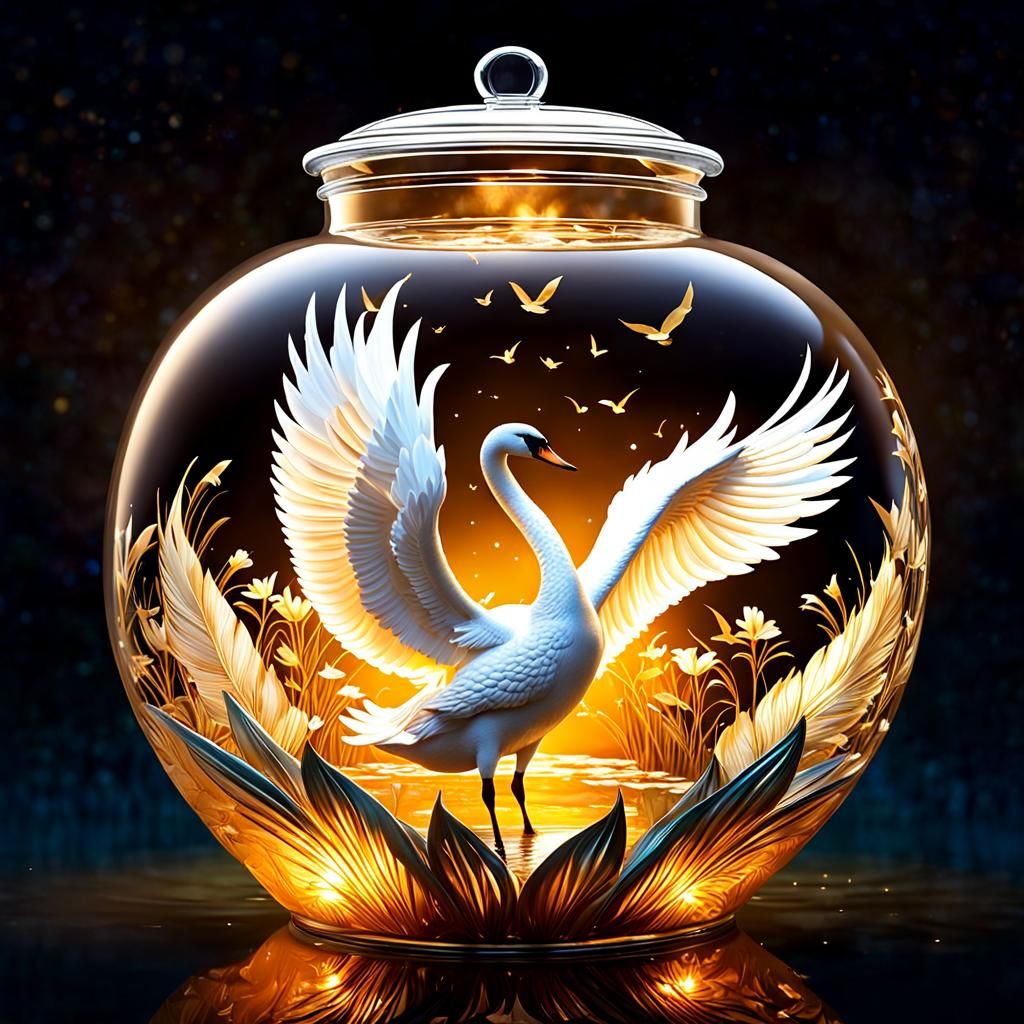 most exquisite swan in a pond inside a masen jar. swan showing off its wide spread wings in a serene ...  by @Shimmeringcosmos