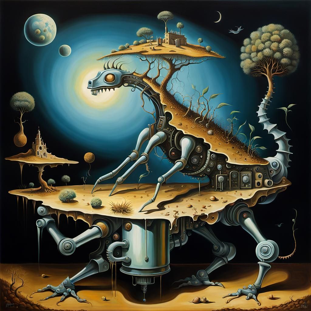 Surreal Machinery with Half-Creatures in Melting Oil