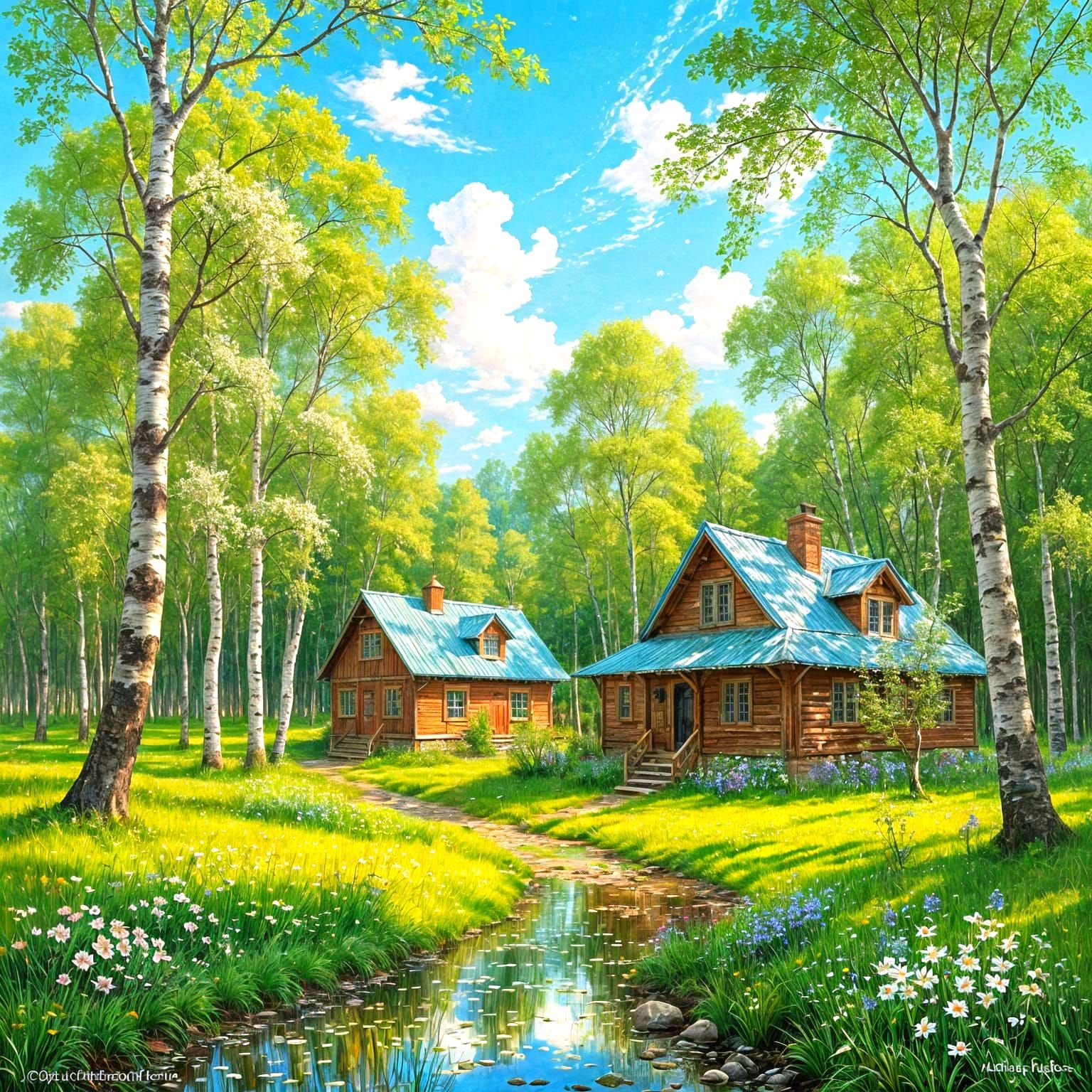 spring, village, village houses, birch forest in the background, delicate pale green foliage.  by @Momo