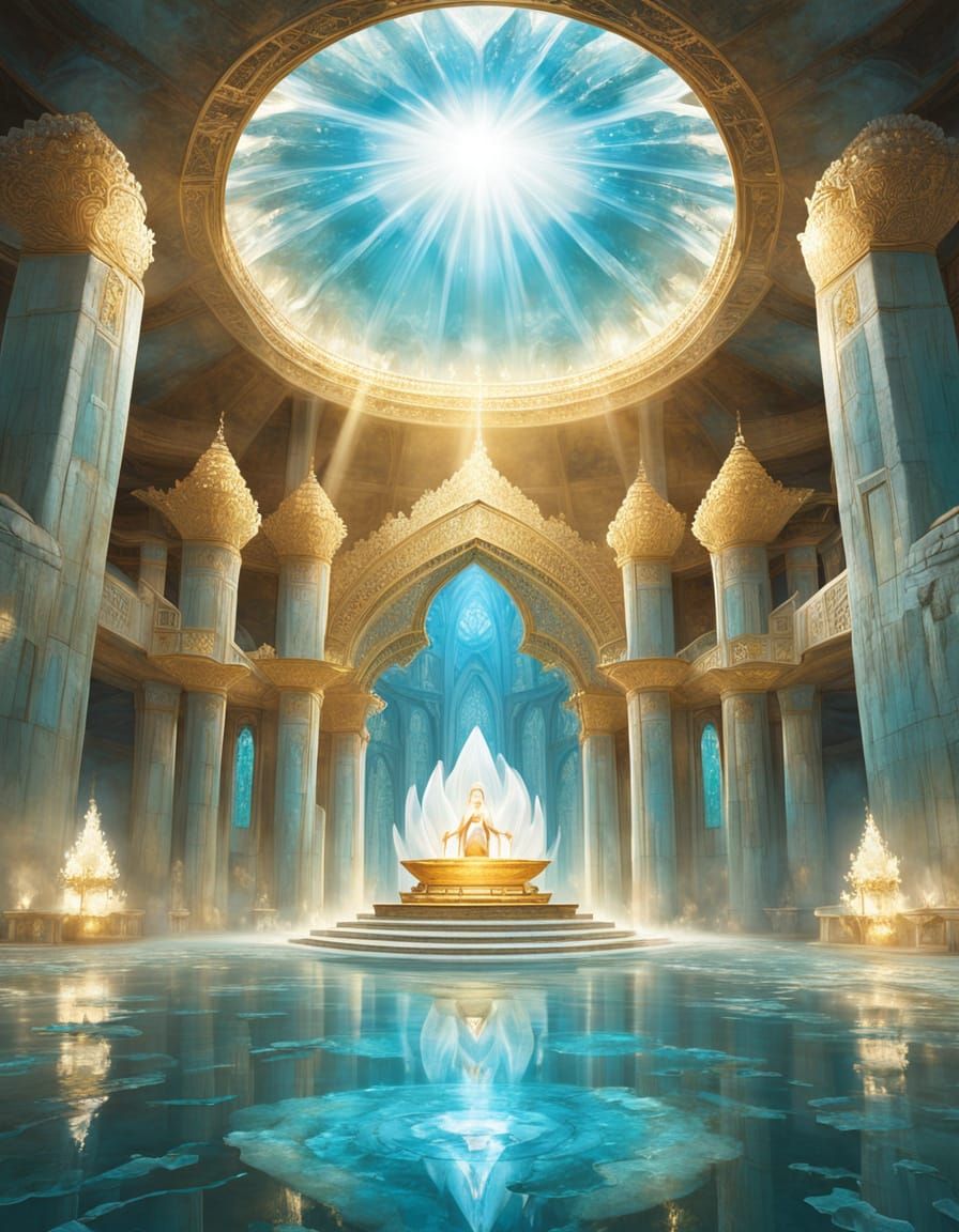 Inside a grand Lemurian crystal temple shaped like a lotus blossom, walls of translucent crystal shimmer with inner light, casting rainbow r...