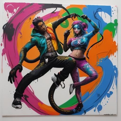Monkey and snake sitting in the tree and dance