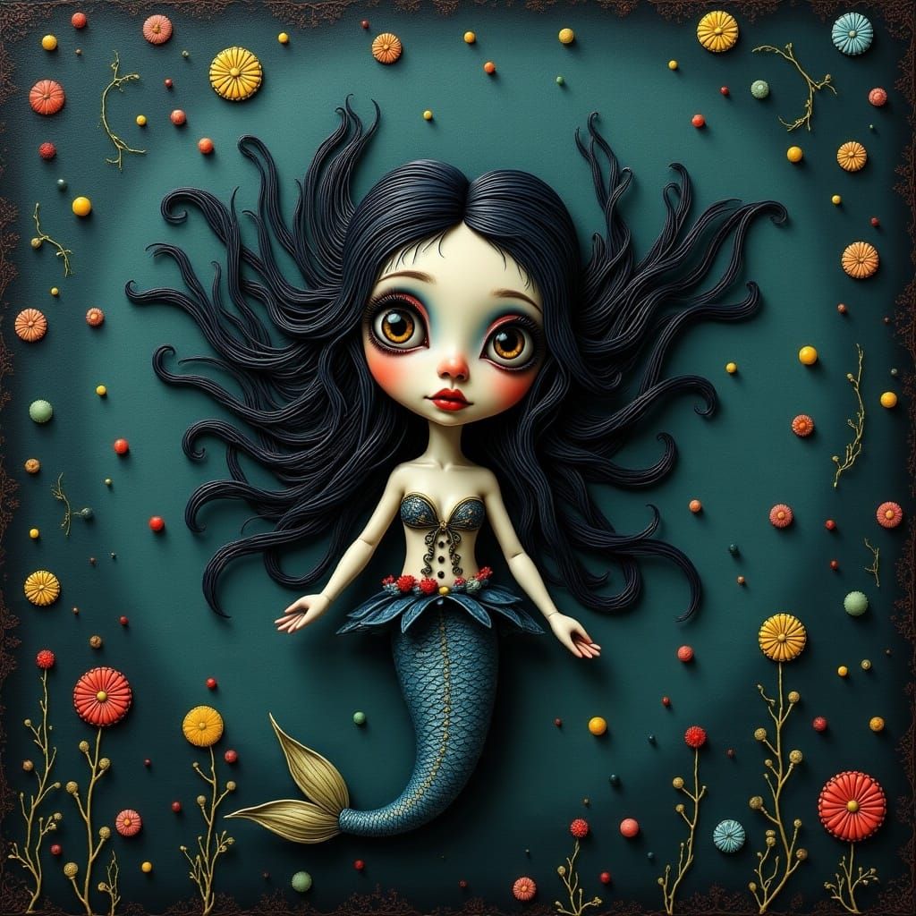<lora:Quirk On A Whim:1.0> quirky, whimsical mark ryden, mermaid in the deep blue sea