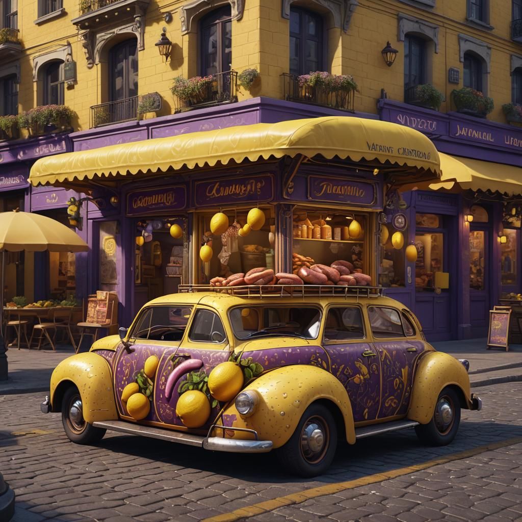 Lemon Vehicle and Sausage Beside Storefronts