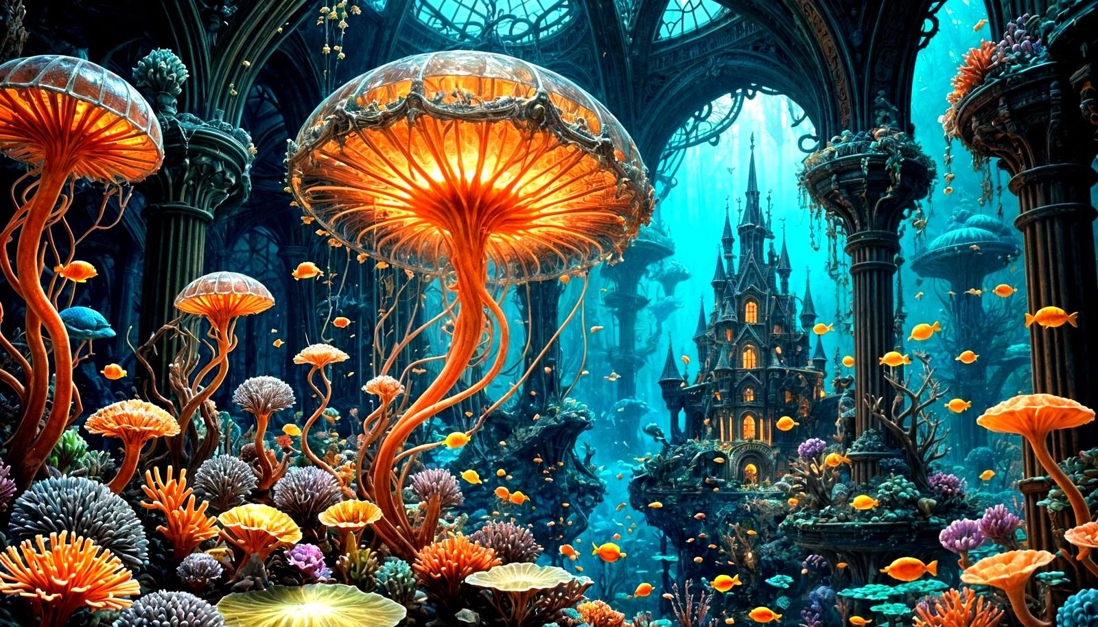 "Under the Sea" picture a coral reef city built from gothic spires and arches, teeming with bioluminescent ...  by @Lennis