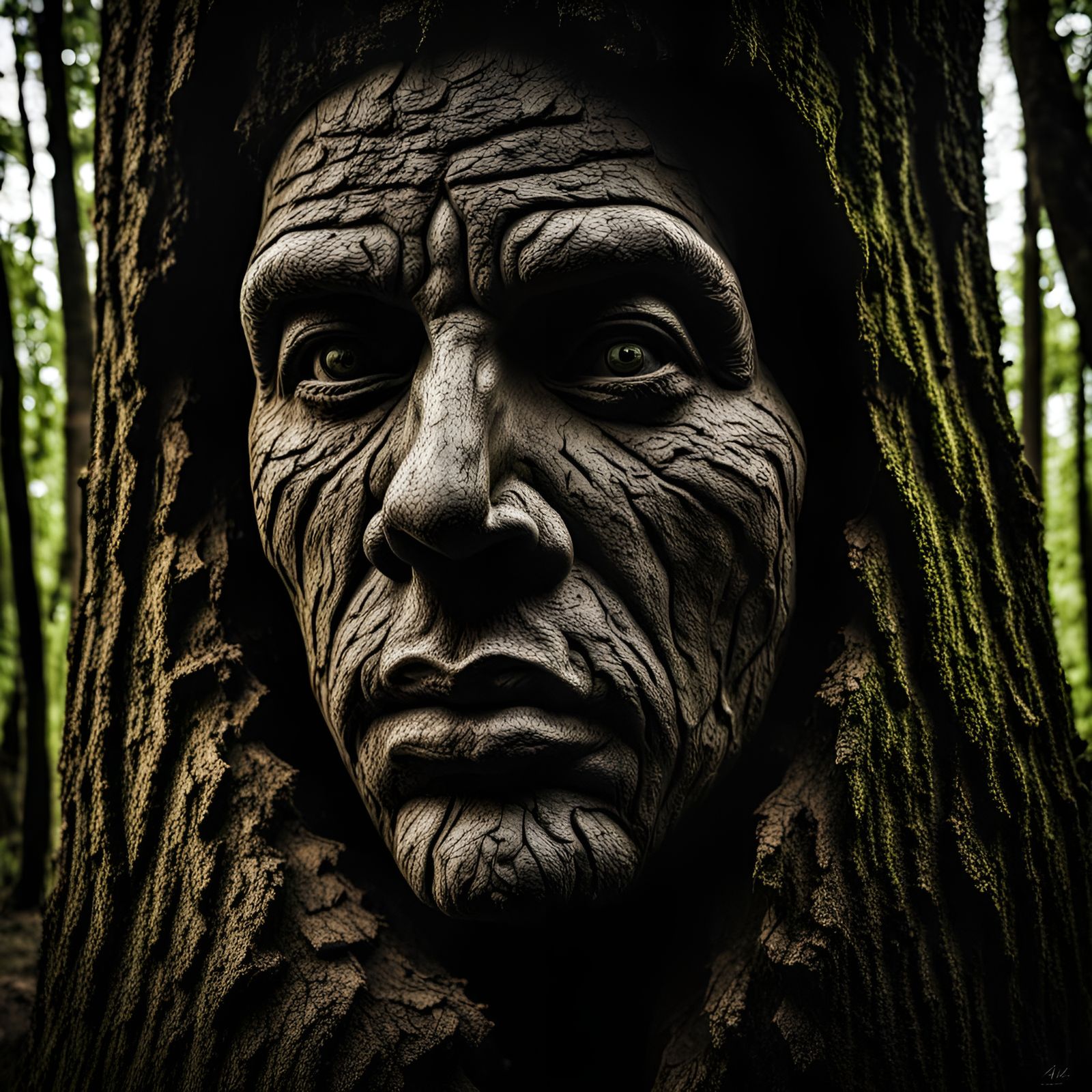 a face in the woods intricate details, HDR, beautifully shot, hyperrealistic, sharp focus, 64 megapixels, ...  by @Patsy 