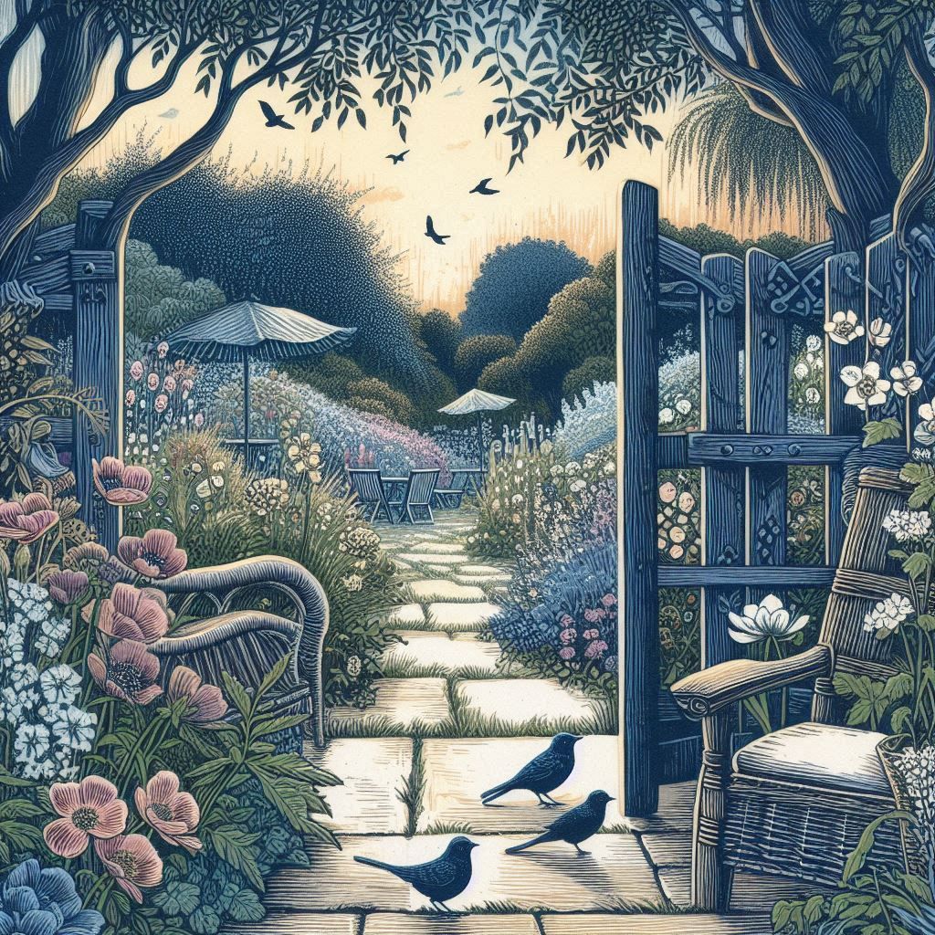 Through a garden gate you have a view into an enchanting gar...