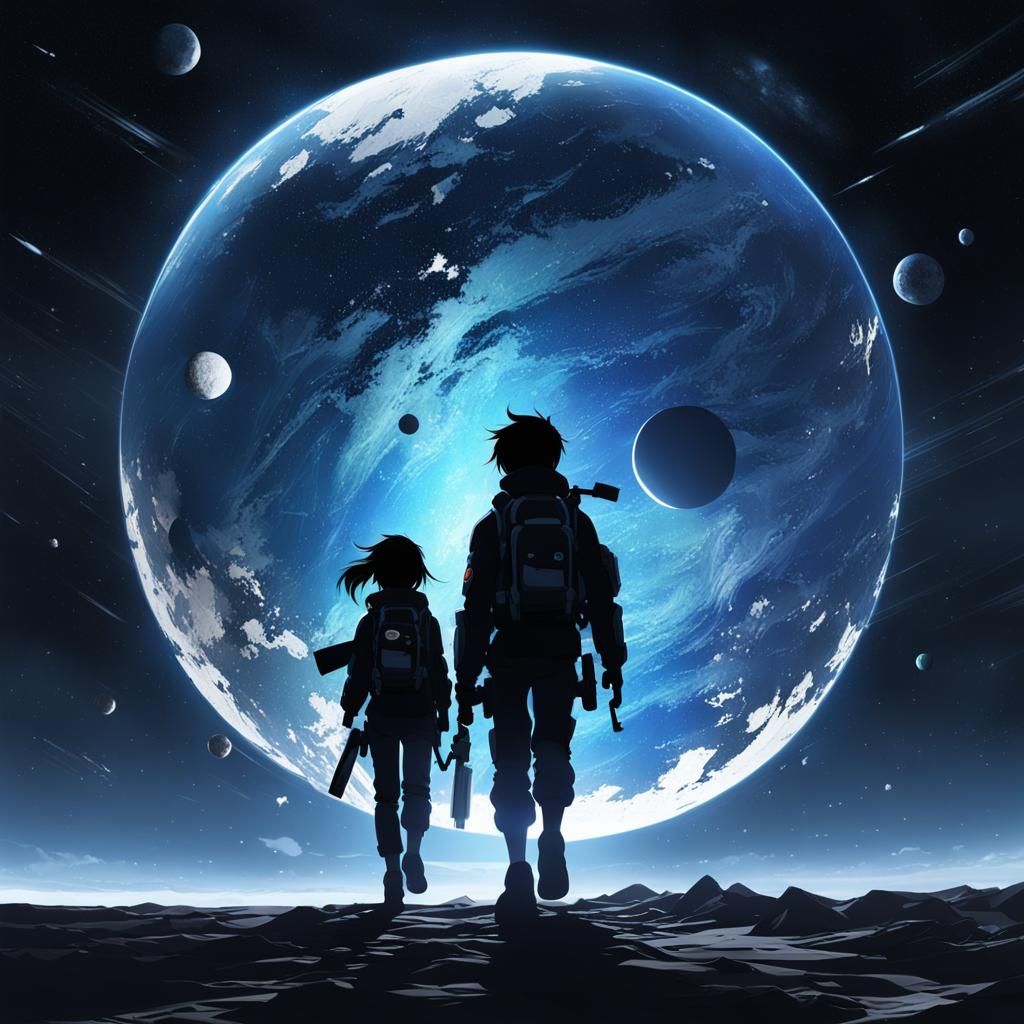 People Silhouettes Walking in Space, Anime Style