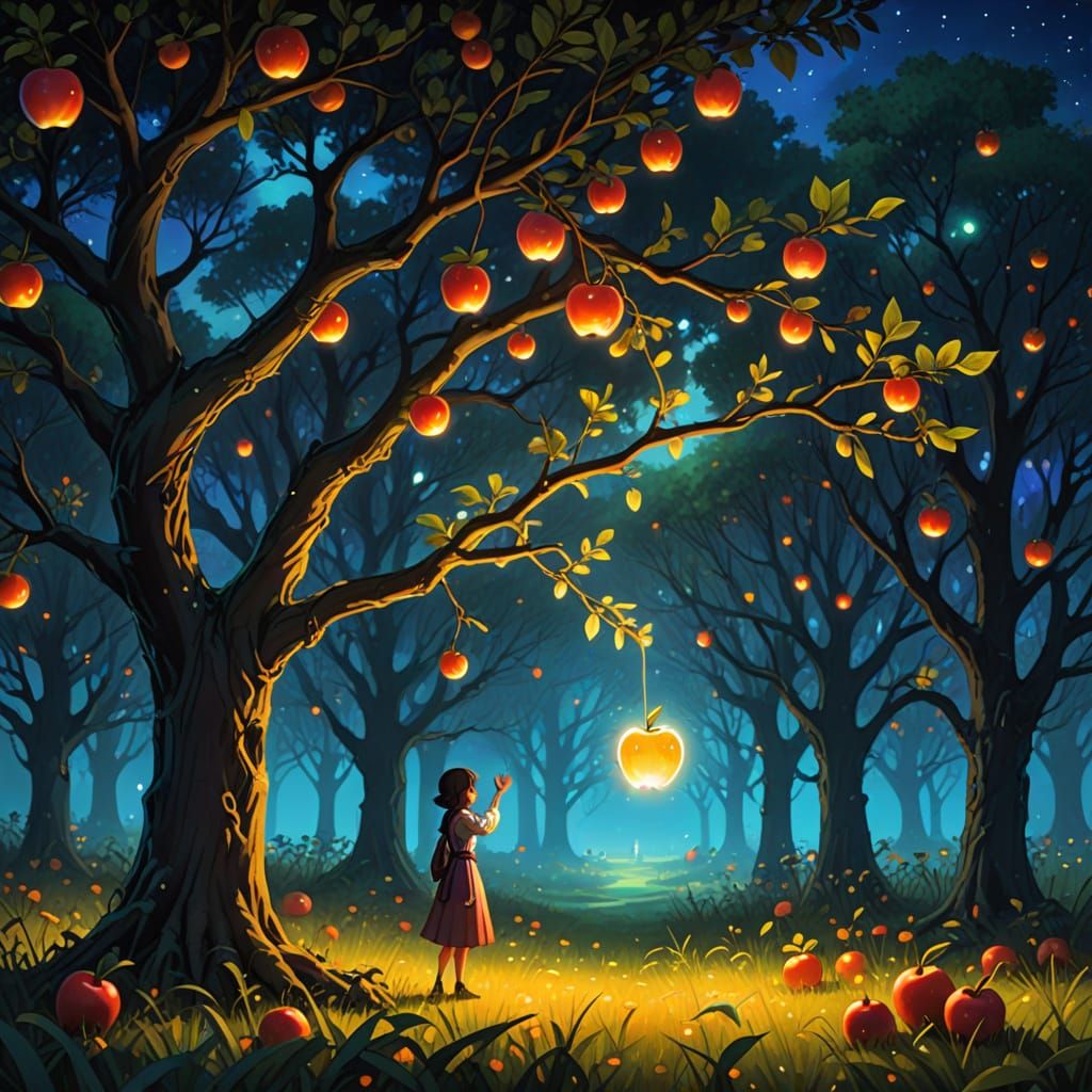 An enchanted orchard at dusk, where the apple trees are laden with glowing, ethereal fruit, and the air is filled with soft, shimmering fire...