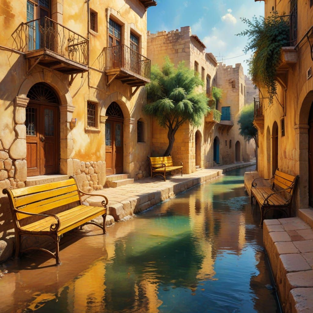 Golden Israeli Streetscape in Vibrant Digital Art