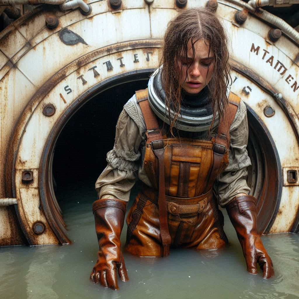 A tired female worker enters the water tank of an old spacef...