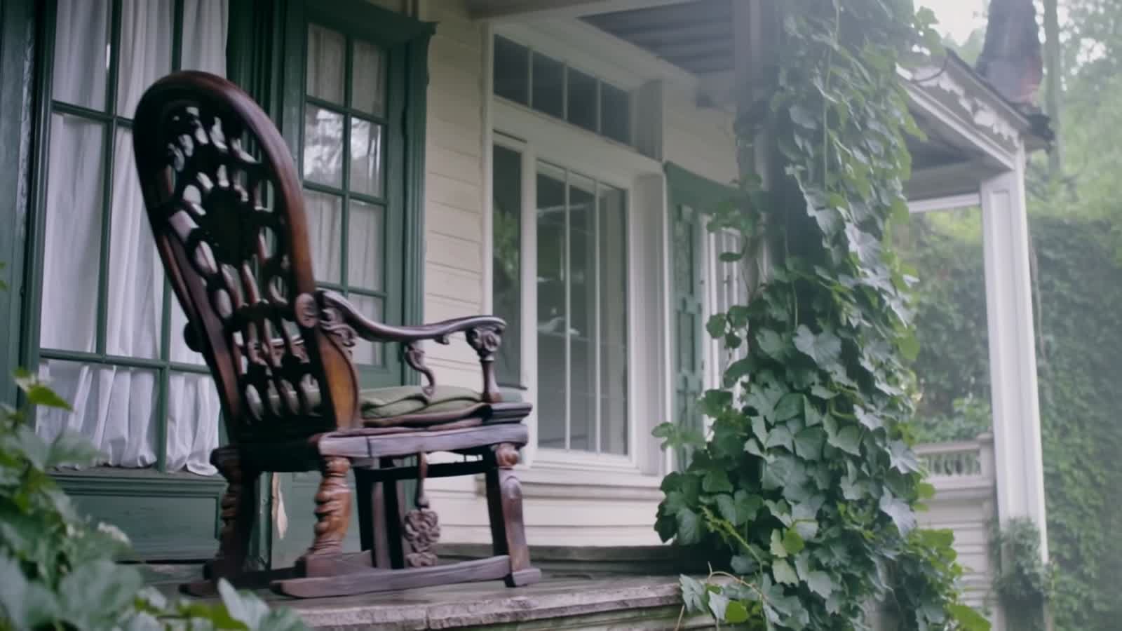 imagine a weathered wooden rocking chair sitting on the porch of a haunted Victorian mansion, shrouded in mist and myste...