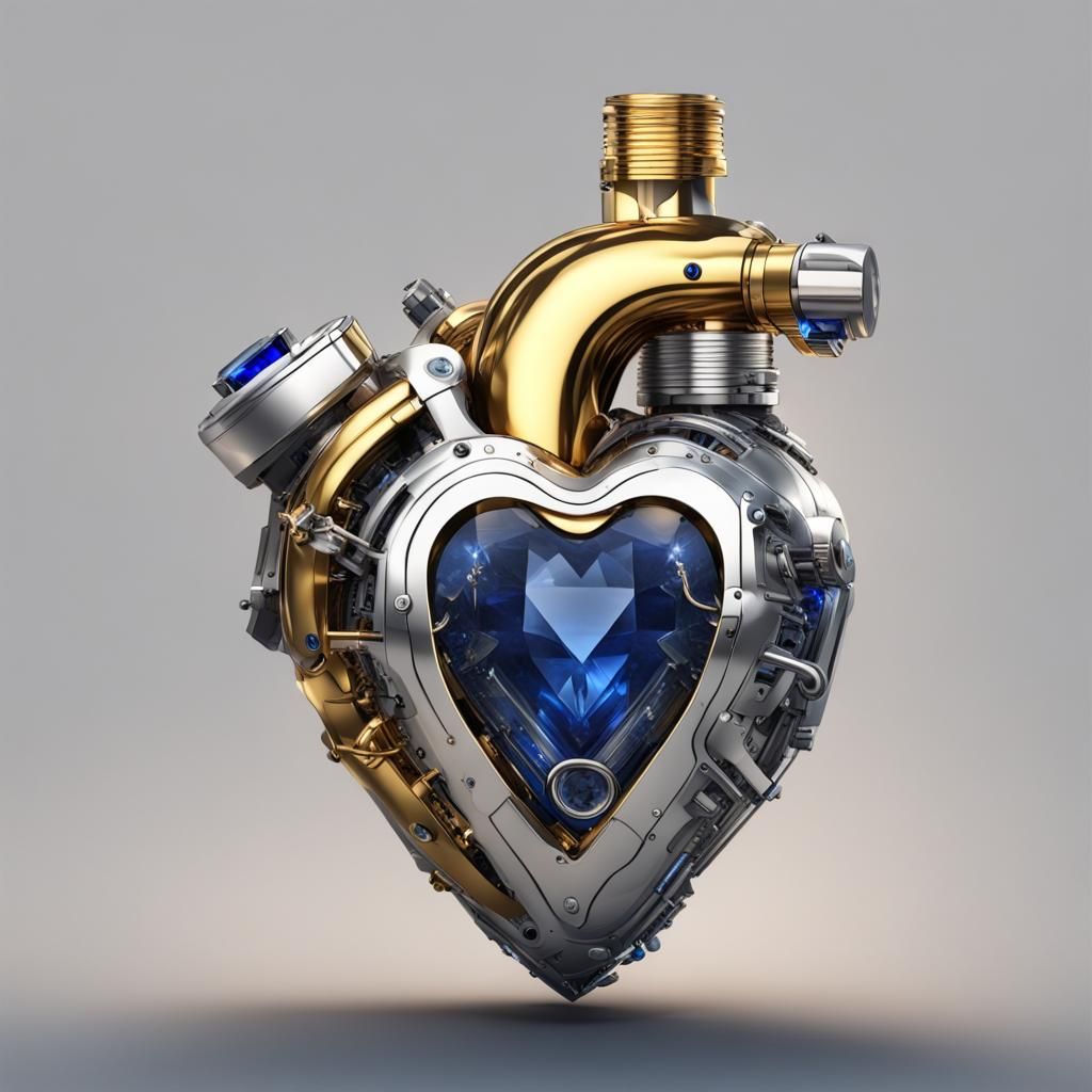 Gold and silver and sapphire cyberpunk heart. Smoking coming out of it
