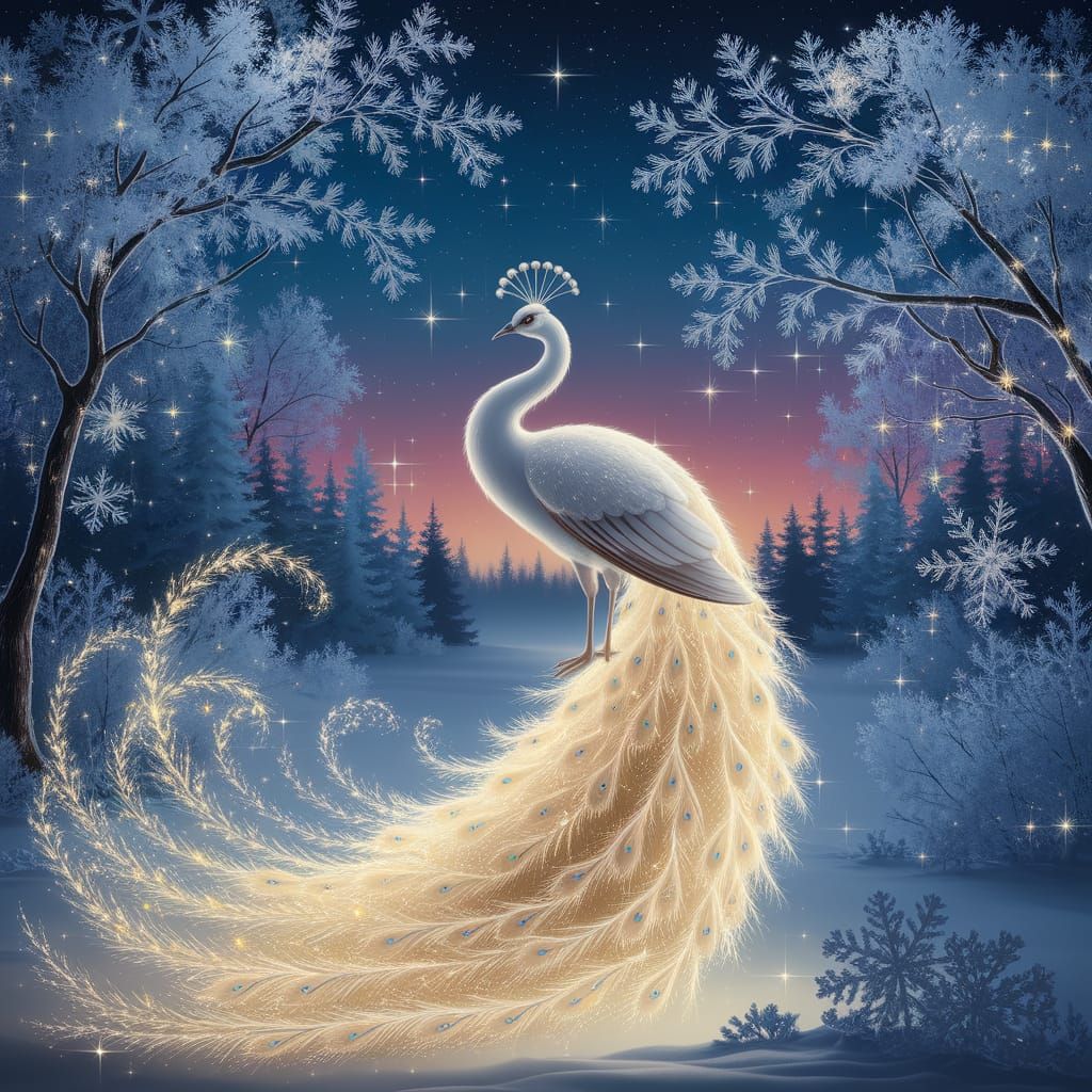 A majestic white peacock standing gracefully in a snowy enchanted forest under a starry night sky, rendered ...  by @amrellin