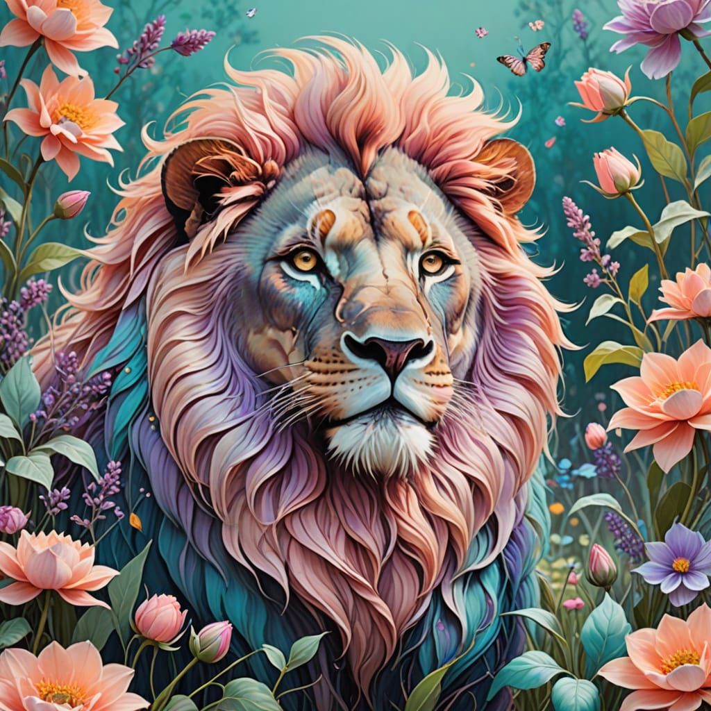 A majestic lion with soft, pastel tones in its mane, which flows in shades of pink, lavender, and peach. Its gaze is calm and wise, while it...