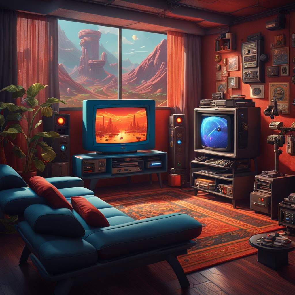 Retro Gaming Room in the Style of Futurist Art