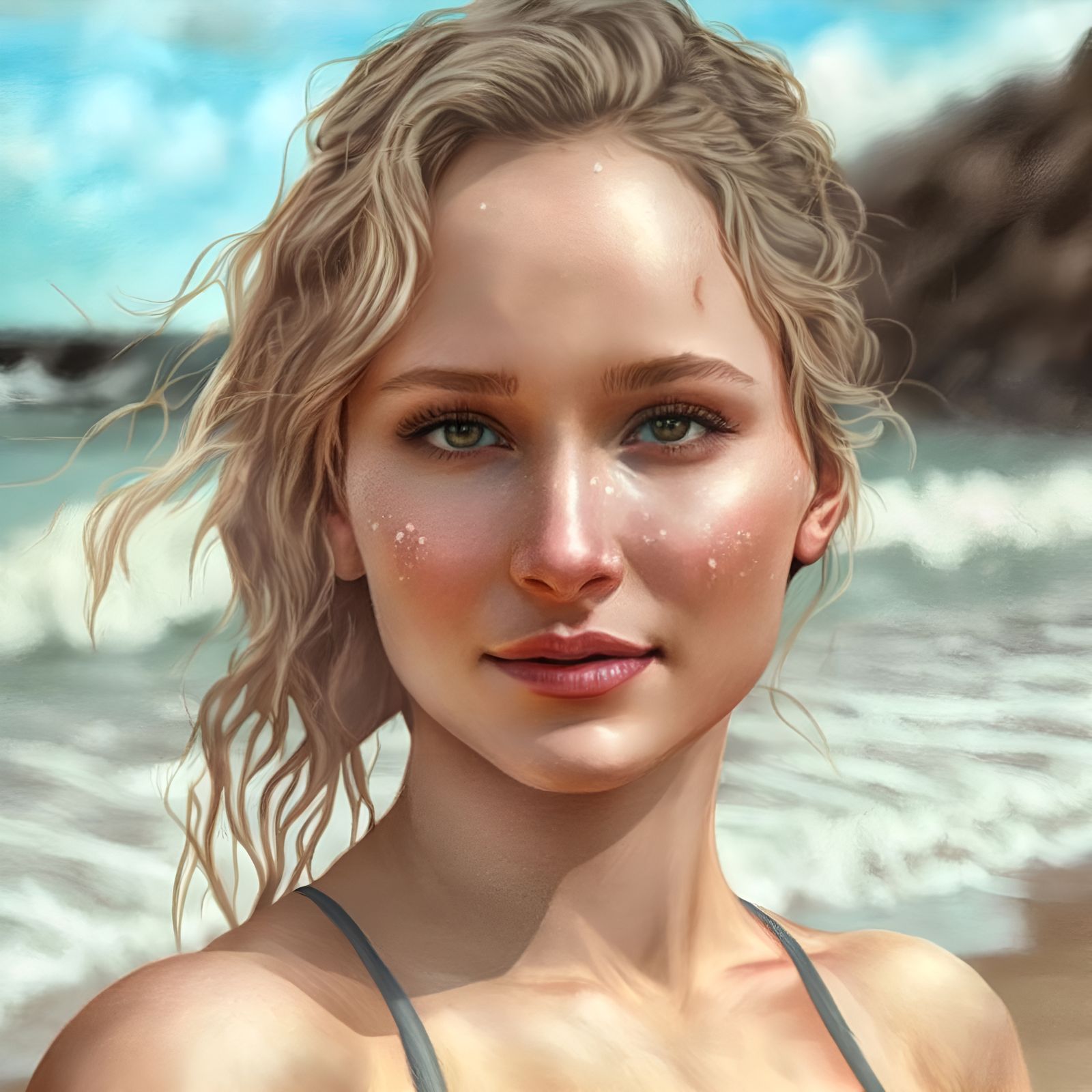 Midjourney: J-Law at the Beach