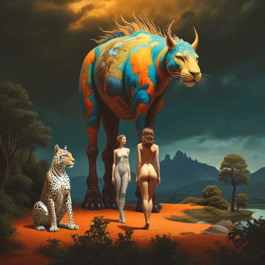 Surrealistic Dreamscape of a Lady and a Creature in Vivid Co...