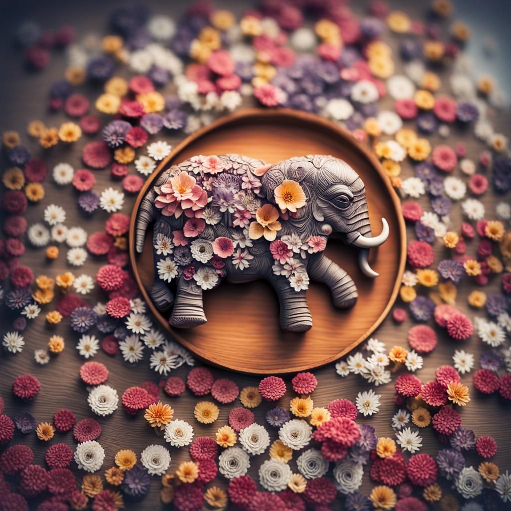 Floral Wooden Elephant in Hyper-Realistic Digital Art