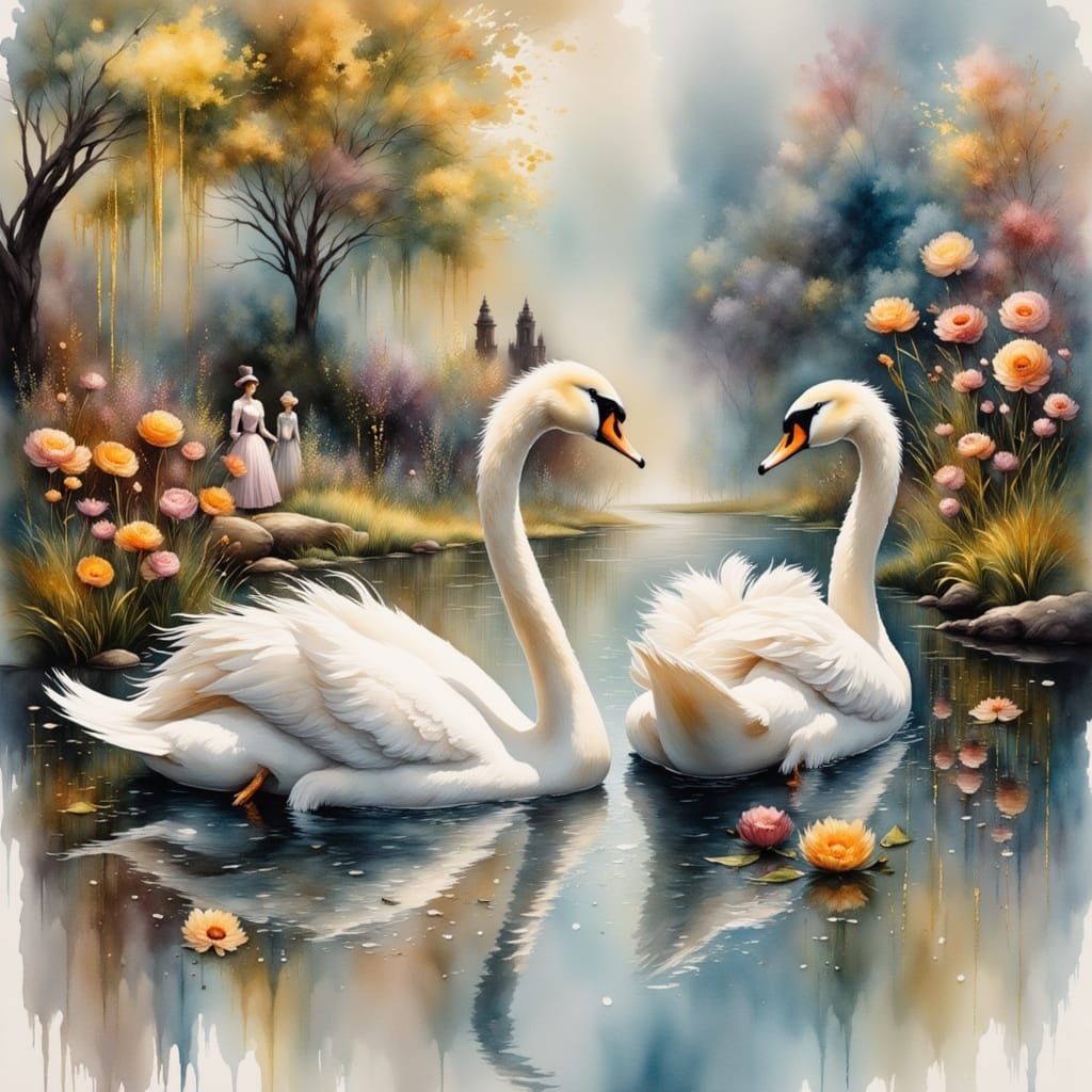 Elegant Swans on Reflective Pond in Victorian Poster Art