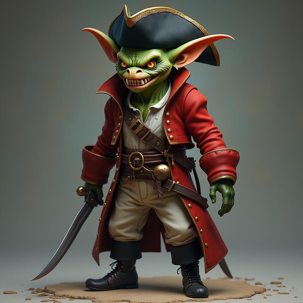 Goblin, pirate, cunning, cocky, mean, sarcastic, yellow eyes, fanged teeth, black tricorn hat with gold trim, crimson red coat with gold tri...