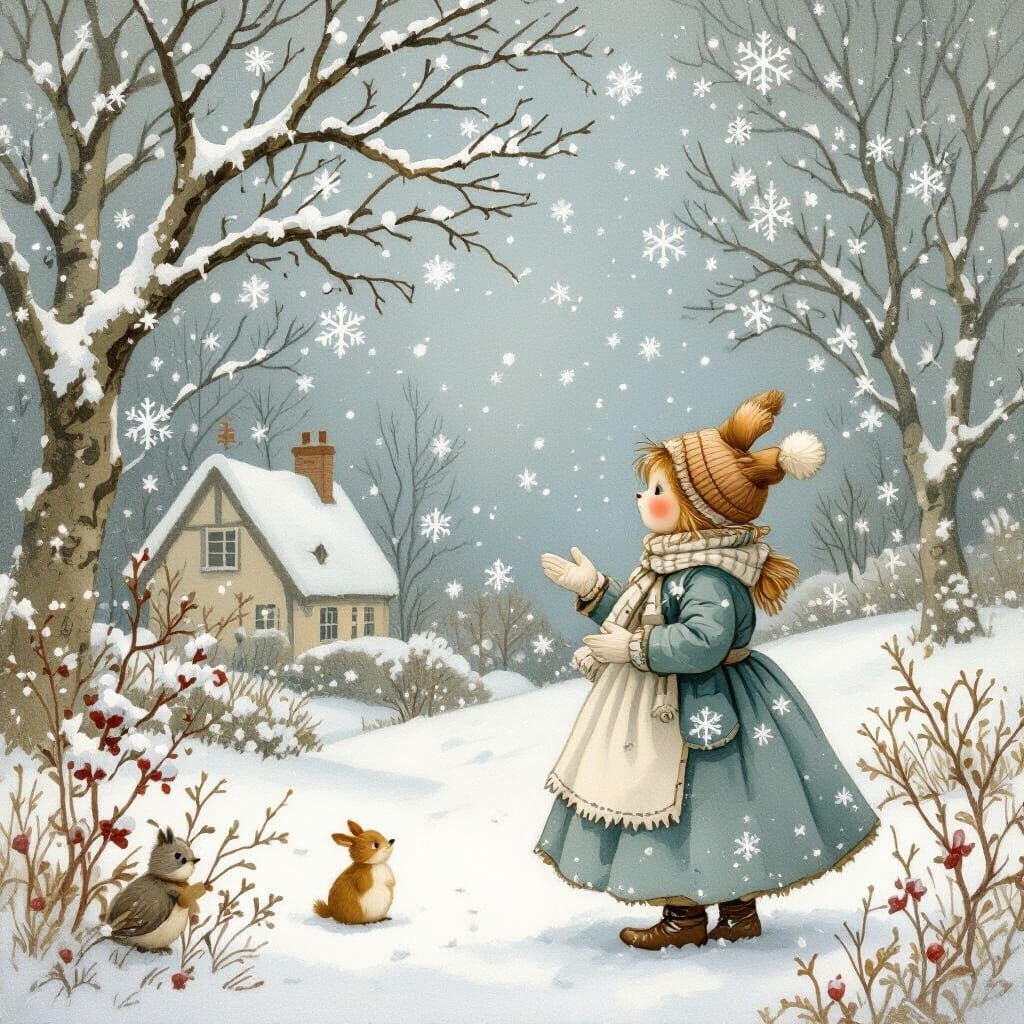 Delicate Snowflakes Falling in Storybook Style