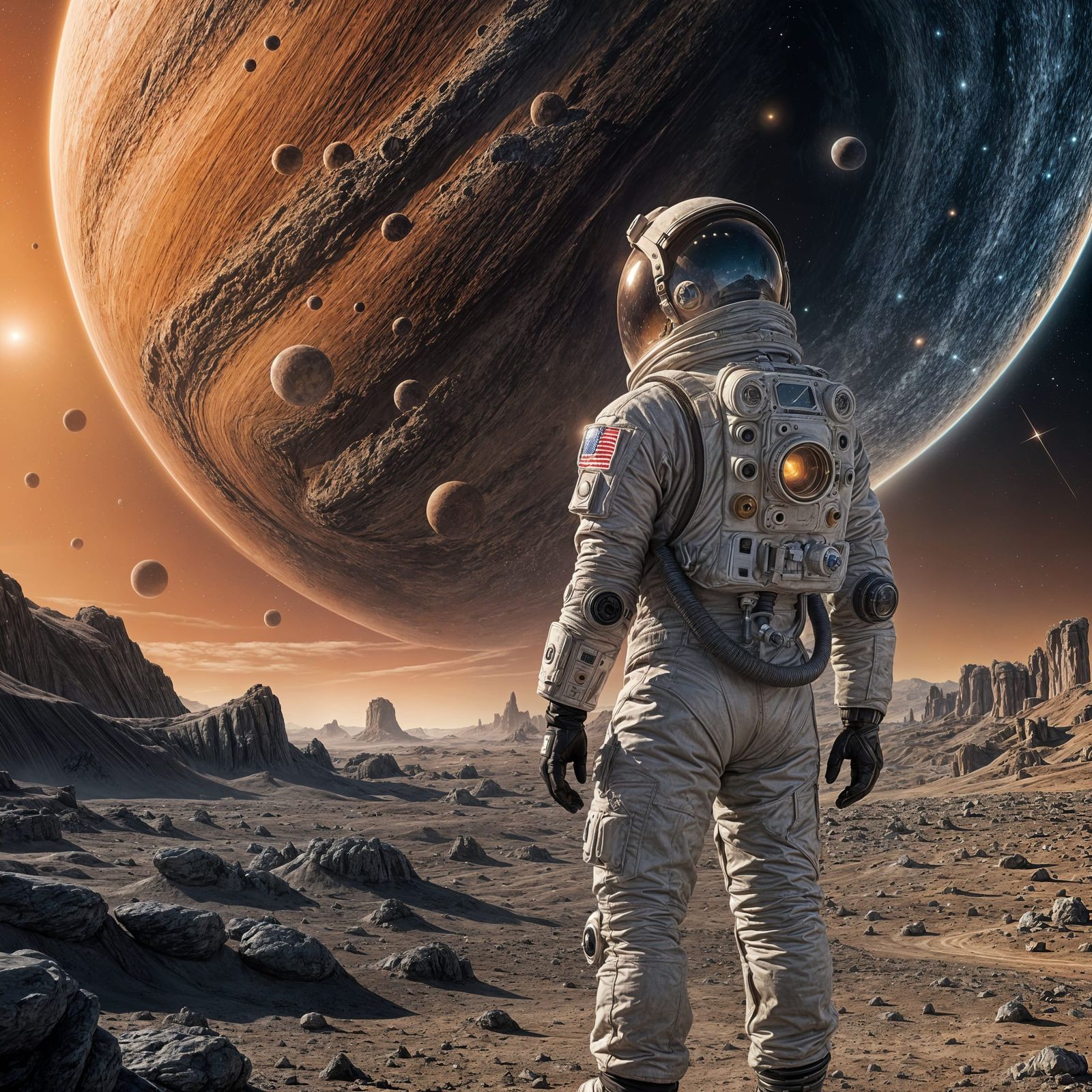 Cinematic film still. A brave astronaut stands on a desolate alien planet, gazing at a colossal ringed ...  by @Paul Snipes