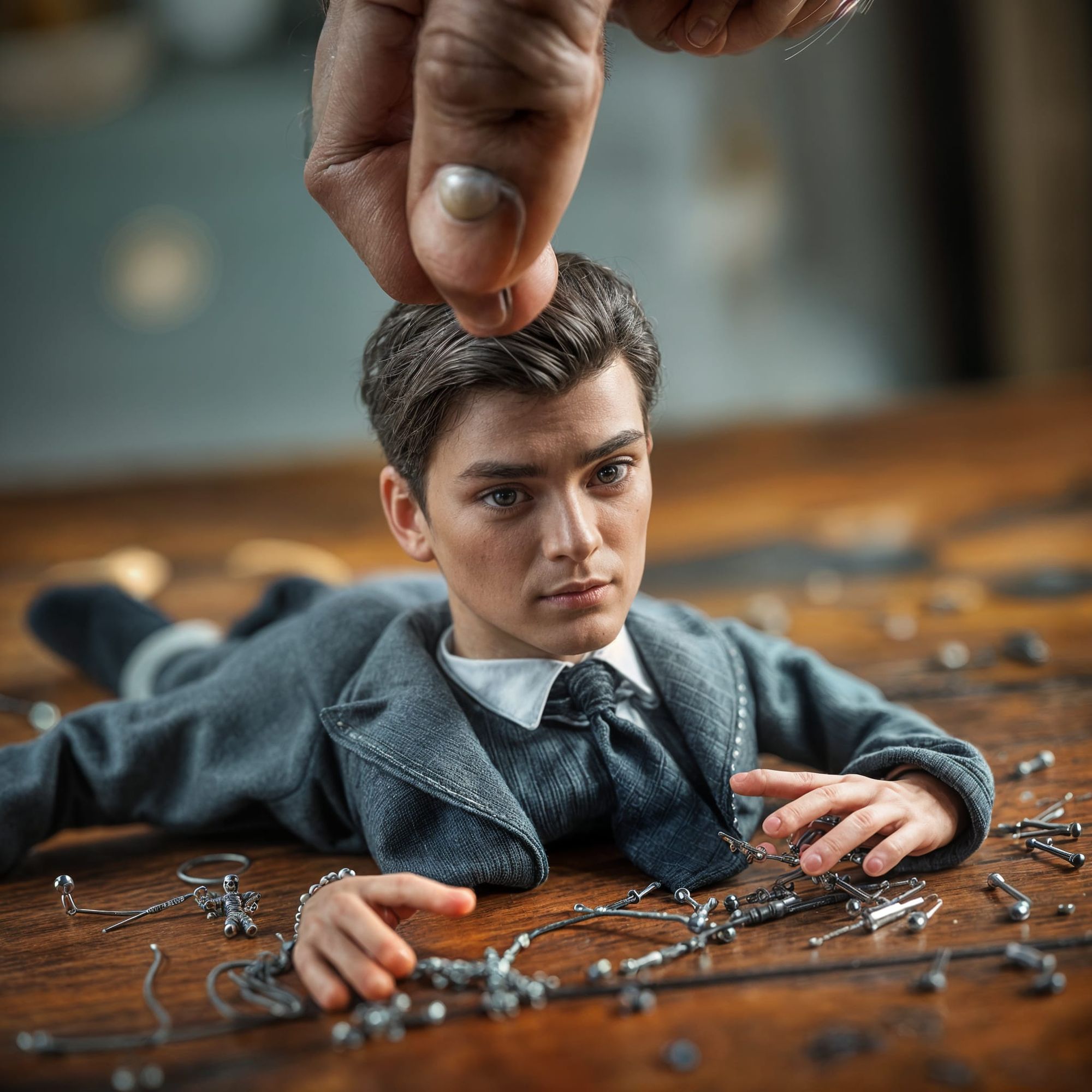 A realistic looking voodoo doll of a handsome young man lies on a table. Pins are raised and we see a man's hand...will he put pins in this...