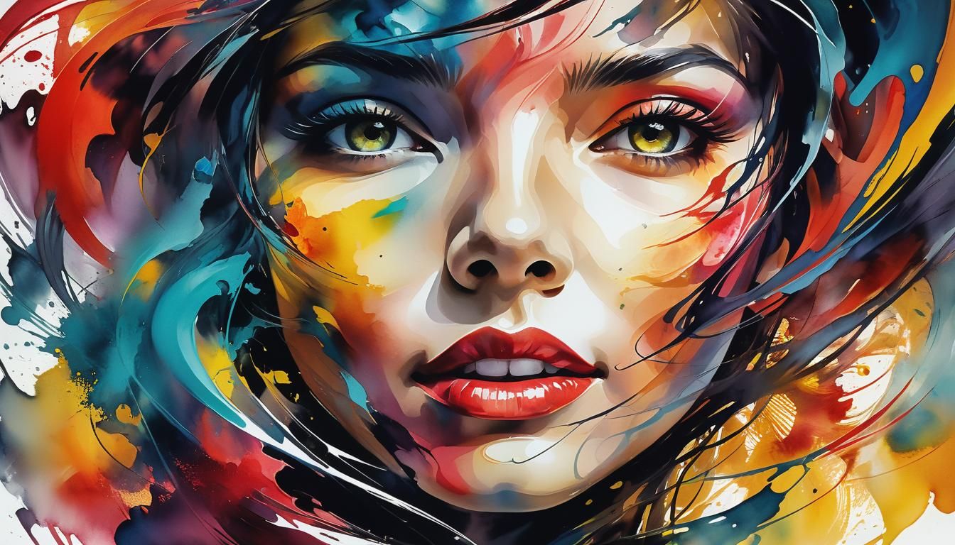 Tachisme Dynamic Brushwork, woman, ink watercolor wash, abstract vector fractal,  by @Niels Carlsen