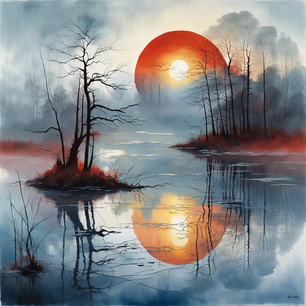 double exposure, copper red sun white/blue hues, winter on a...