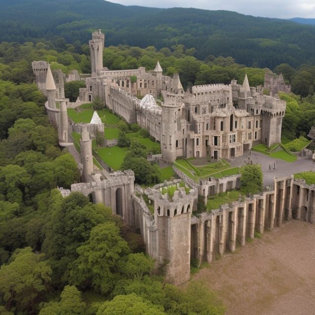 Massive castle with gardens and forest