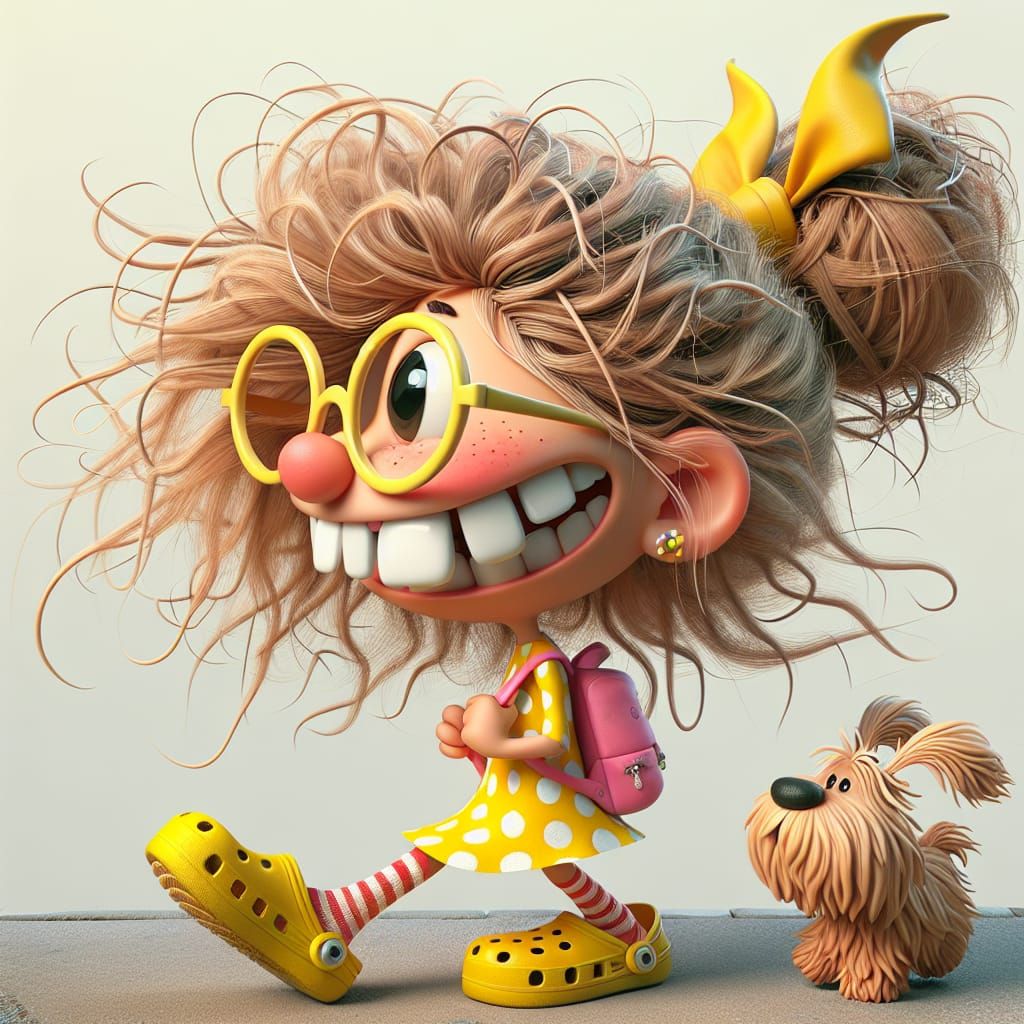 Quirky Girl in Yellow Polka Dot Dress Walks with Shaggy Dog ...