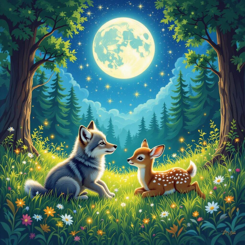 In a grassy forest clearing surrounded by fir and oak trees under a bright full moon in a starry sky, a wolf cub and fawn play together. The...