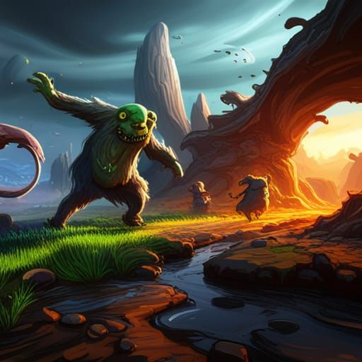 Evil slime monster chasing rabbit with zombie cat