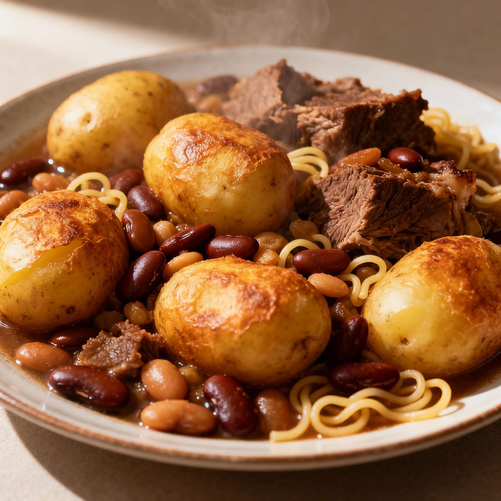 Hot Cholent Dish with Potatoes, Meat, and Noodles