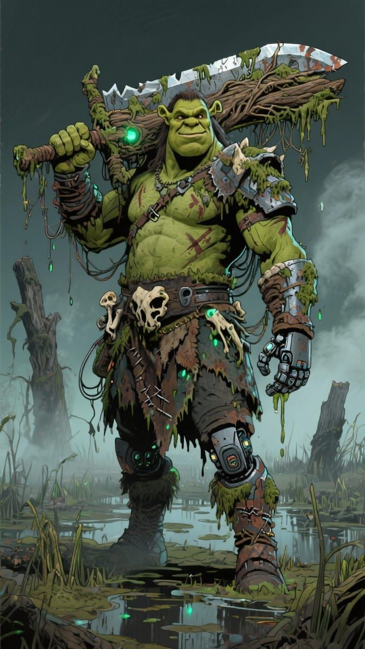 Cyberpunk Barbarian Shrek with Swamp Great Sword