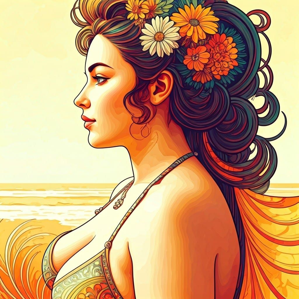 Elegant Woman in Summer Beachwear: An Art Nouveau Fusion