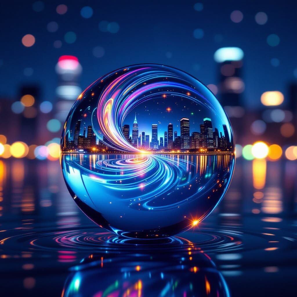 Crystal Marble with Swirling Rainbow Light and Night Citysca...