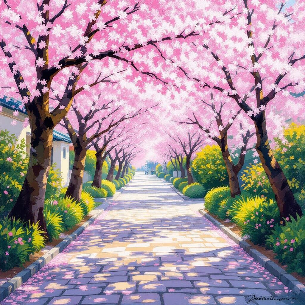 Japanese Spring Cherry Blossoms on Cobblestone Path