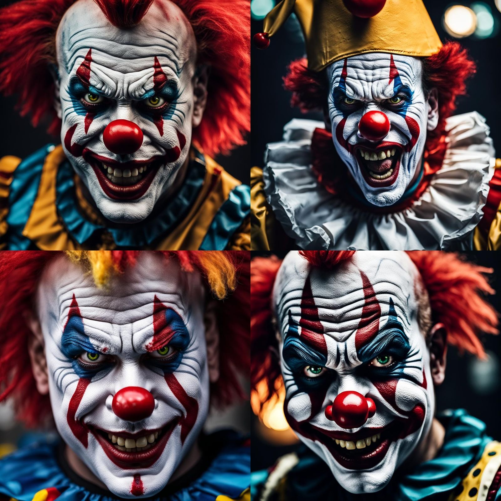 Angry clown in full clown make up, extreme close-up, macro s...