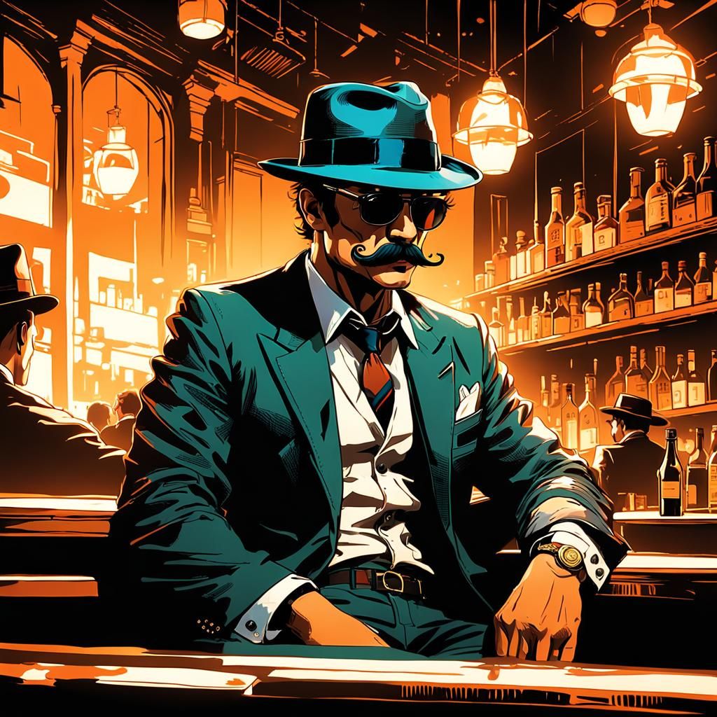 Inkpunk Man with Mustache in Bar