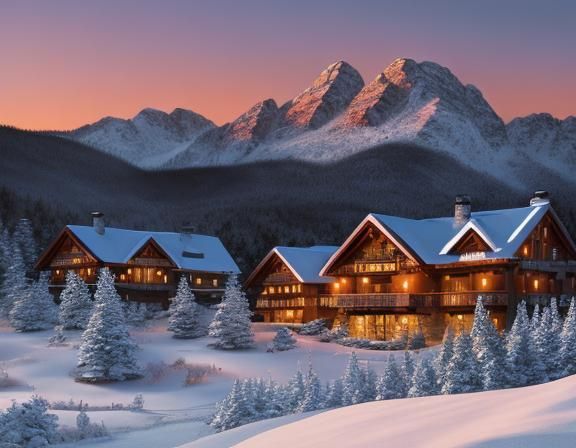 Mountain lodges at sunset