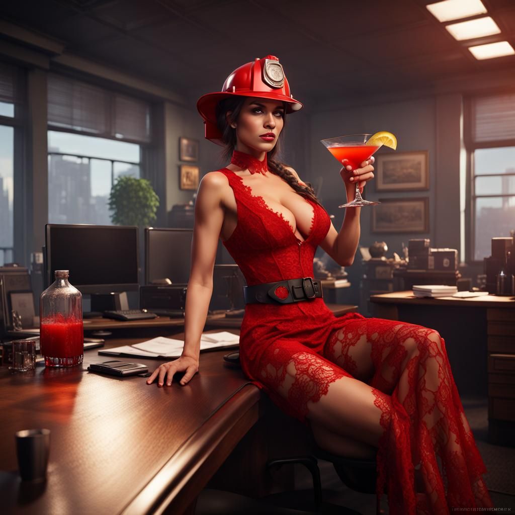 Pretty woman firefighter in a red lace dress with a plunging...